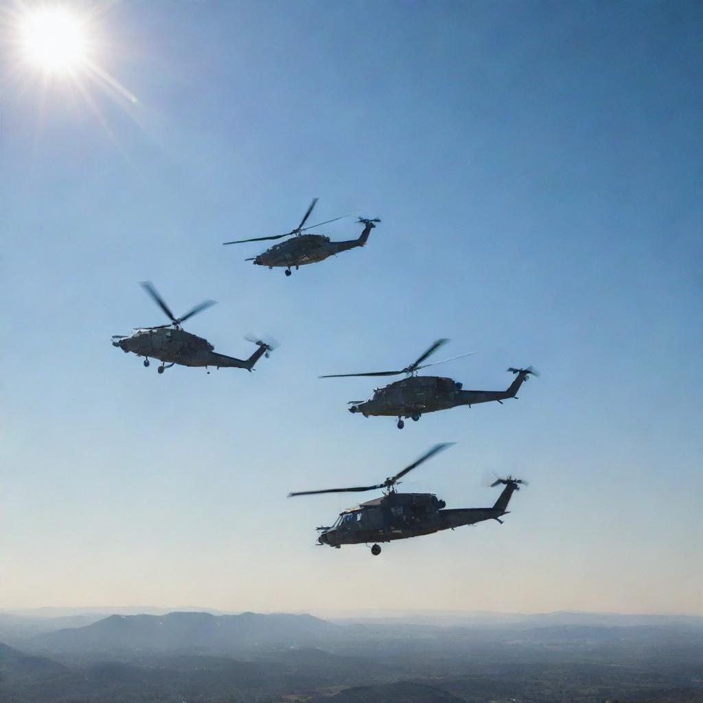 A squadron of detailed infantry helicopters airborne in a clear sky with sun gleaming off their metal bodies.