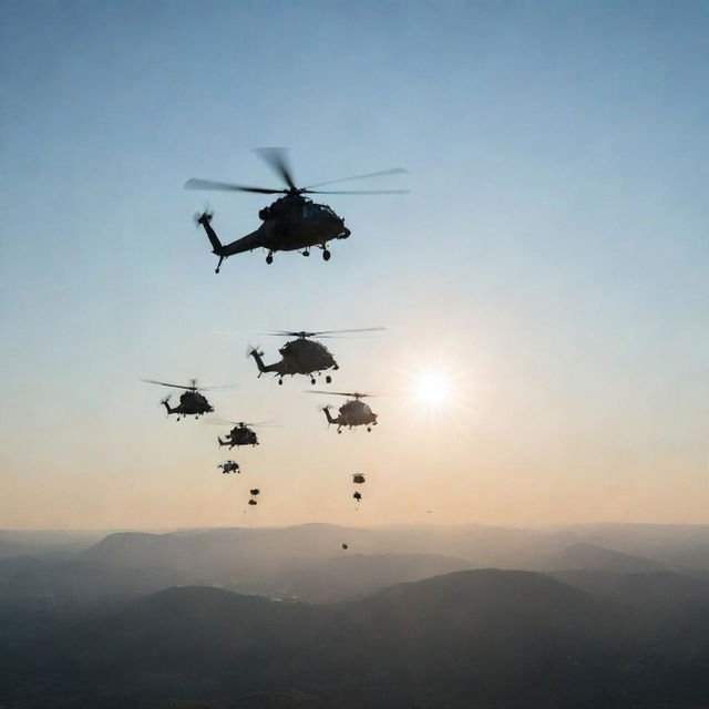 A squadron of detailed infantry helicopters airborne in a clear sky with sun gleaming off their metal bodies.