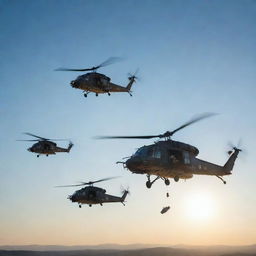 A squadron of detailed infantry helicopters airborne in a clear sky with sun gleaming off their metal bodies.