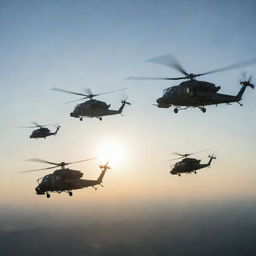 A squadron of detailed infantry helicopters airborne in a clear sky with sun gleaming off their metal bodies.