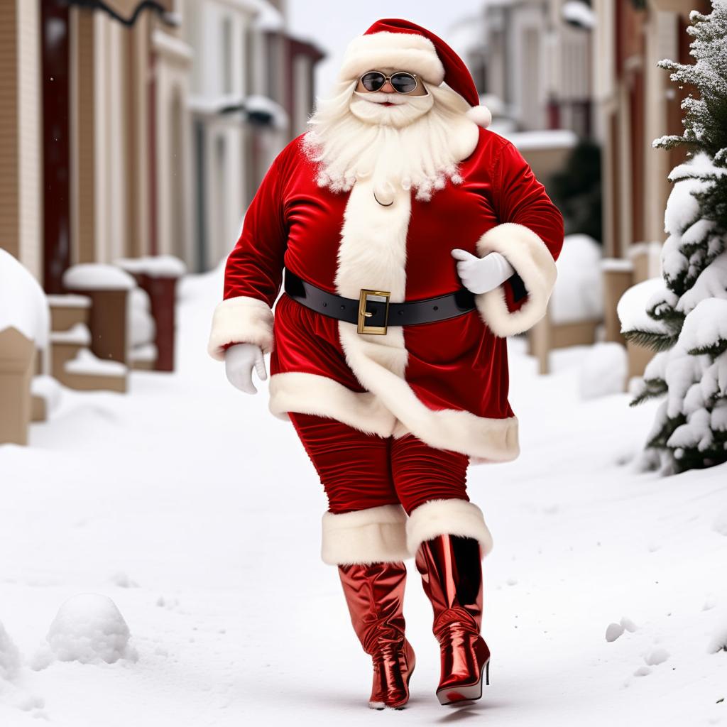 A jolly and plump Santa Claus fabulously strut down a snowy street in shiny, high-heeled red boots