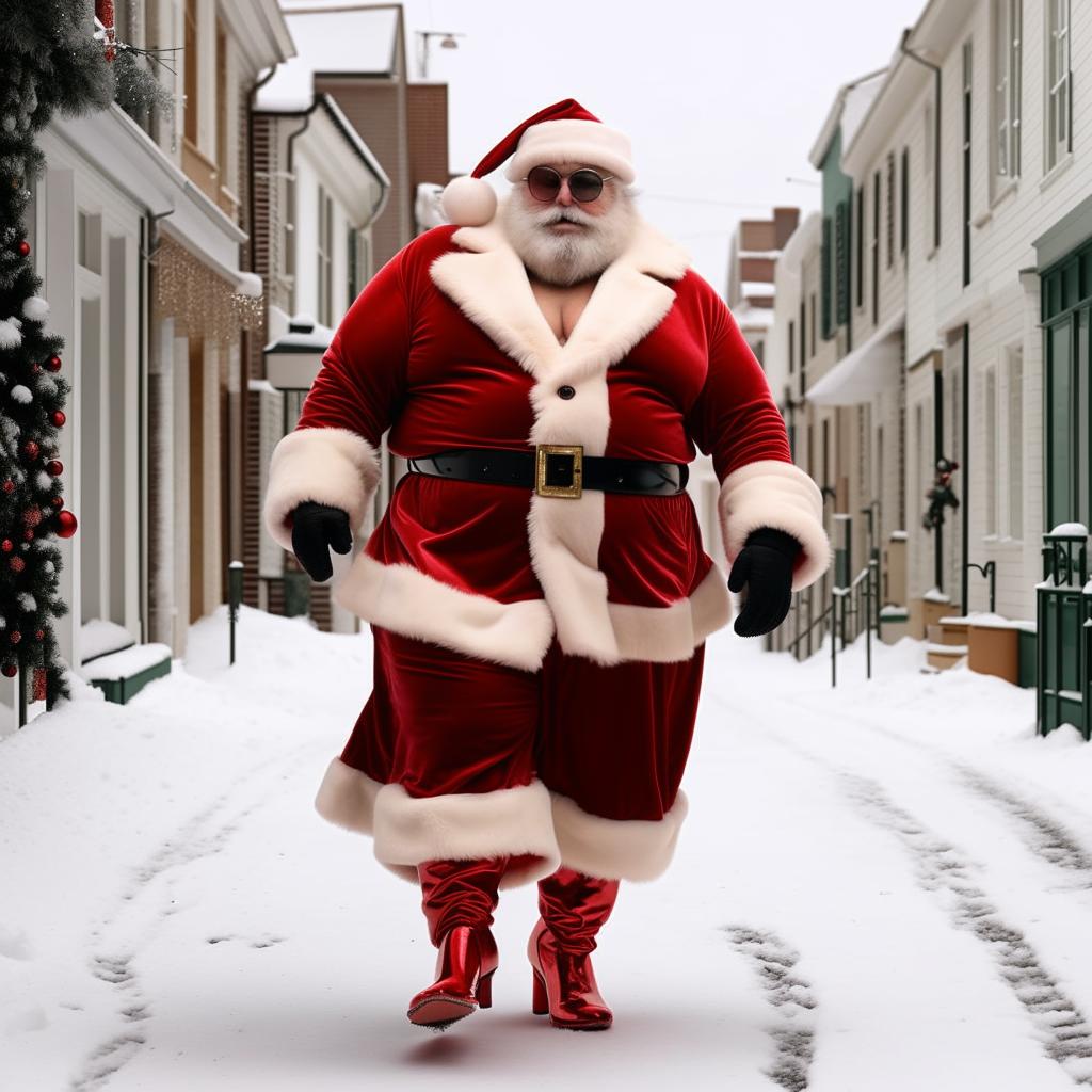 A jolly and plump Santa Claus fabulously strut down a snowy street in shiny, high-heeled red boots