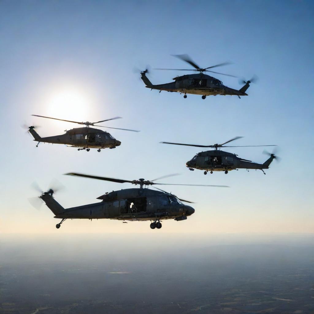 An larger, more impressive squadron of detailed infantry helicopters in flight, spread across an expansive, clear sky with sunshine reflecting off their metallic exteriors.