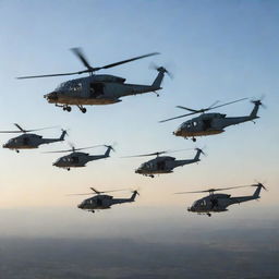 An larger, more impressive squadron of detailed infantry helicopters in flight, spread across an expansive, clear sky with sunshine reflecting off their metallic exteriors.