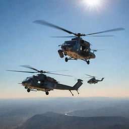 An larger, more impressive squadron of detailed infantry helicopters in flight, spread across an expansive, clear sky with sunshine reflecting off their metallic exteriors.