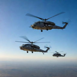 An larger, more impressive squadron of detailed infantry helicopters in flight, spread across an expansive, clear sky with sunshine reflecting off their metallic exteriors.