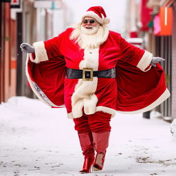 A jolly and plump Santa Claus fabulously strut down a snowy street in shiny, high-heeled red boots