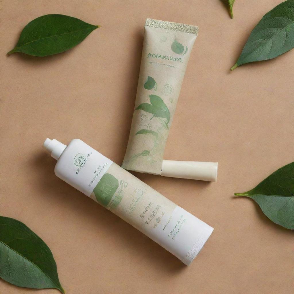 Generate an image of eco-friendly toothpaste, in a recycled packaging with green and earthy colors, displaying organic and natural symbols.