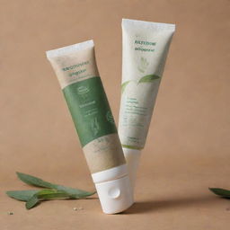 Generate an image of eco-friendly toothpaste, in a recycled packaging with green and earthy colors, displaying organic and natural symbols.