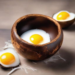 This is a high-quality image of a half coconut shell serving as a unique, natural bowl for fried eggs