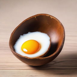 This is a high-quality image of a half coconut shell serving as a unique, natural bowl for fried eggs