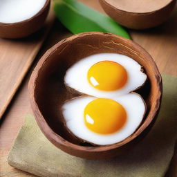 This is a high-quality image of a half coconut shell serving as a unique, natural bowl for fried eggs