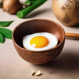 This is a high-quality image of a half coconut shell serving as a unique, natural bowl for fried eggs