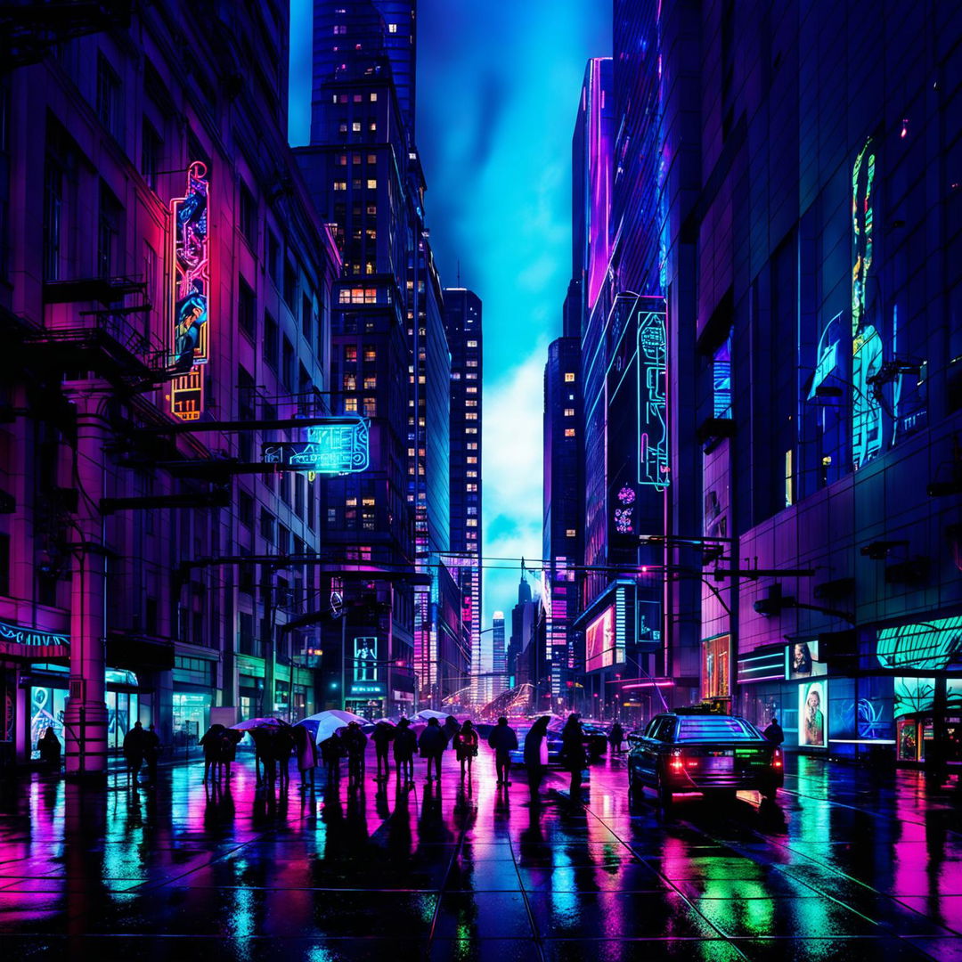 High-resolution photograph of a gritty urban landscape illuminated by futuristic neon lights, taken with a Canon EOS R5 and 50mm f/1.4 lens. The scene features dramatic backlighting and embodies a cyberpunk aesthetic.