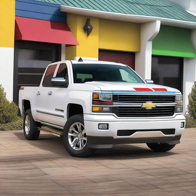 A high-quality photograph captures a 2014 Chevrolet Silverado 1500 in a pearly white finish