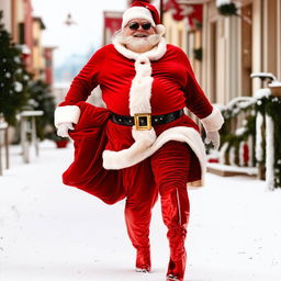 A jolly and plump Santa Claus fabulously strut down a snowy street in shiny, high-heeled red boots