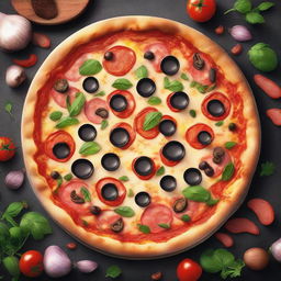 A top-down view of a large-sized pizza box containing a freshly cooked pizza, in a high-quality digital art style