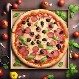 A top-down view of a large-sized pizza box containing a freshly cooked pizza, in a high-quality digital art style