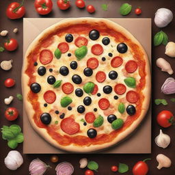 A top-down view of a large-sized pizza box containing a freshly cooked pizza, in a high-quality digital art style