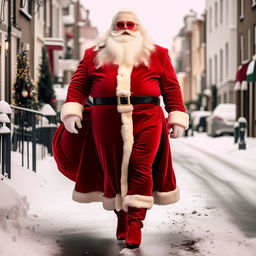 A fabulously plump Santa Claus strutting down a snowy street in high-heeled red boots, sporting long, luscious hair and a beard, complemented with a splash of radiant lipstick