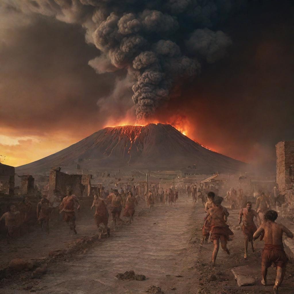 An apocalyptic scene shows the eruption of Mount Vesuvius in Pompeii, with people in panic, running, tripping, their terror palpable. Ash and molten rock fills the sky in a vivid, terrifying spectacle.