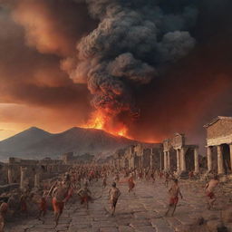 An apocalyptic scene shows the eruption of Mount Vesuvius in Pompeii, with people in panic, running, tripping, their terror palpable. Ash and molten rock fills the sky in a vivid, terrifying spectacle.