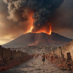 An apocalyptic scene shows the eruption of Mount Vesuvius in Pompeii, with people in panic, running, tripping, their terror palpable. Ash and molten rock fills the sky in a vivid, terrifying spectacle.