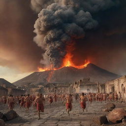 An apocalyptic scene shows the eruption of Mount Vesuvius in Pompeii, with people in panic, running, tripping, their terror palpable. Ash and molten rock fills the sky in a vivid, terrifying spectacle.