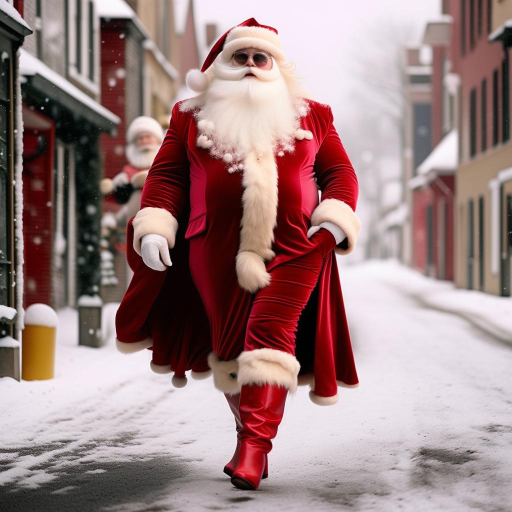 A fabulously plump Santa Claus strutting down a snowy street in high-heeled red boots, sporting long, luscious hair and a beard, complemented with a splash of radiant lipstick