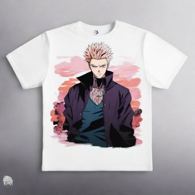 An image of a high-quality, fashionable anime t-shirt featuring Saturo Gojo from Jujutsu Kaisen