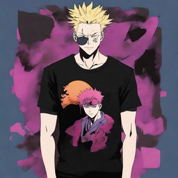 An image of a high-quality, fashionable anime t-shirt featuring Saturo Gojo from Jujutsu Kaisen