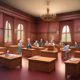 A high-quality 5D image rendered in the Disney style, illustrating an unfavorable university classroom scene