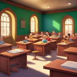 A high-quality 5D image rendered in the Disney style, illustrating an unfavorable university classroom scene