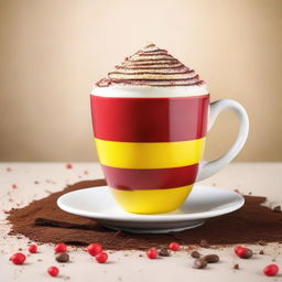 This is a high-quality image of a cup with red and yellow horizontal stripes, filled to the brim with creamy white milk