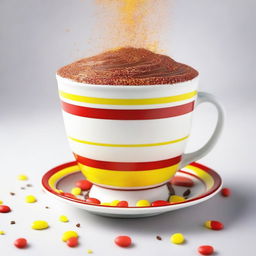 This is a high-quality image of a cup with red and yellow horizontal stripes, filled to the brim with creamy white milk