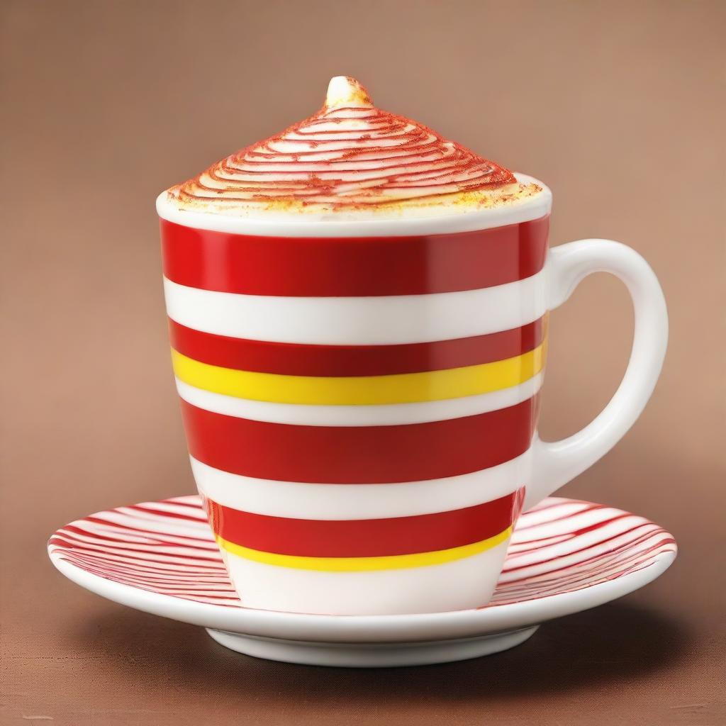 This is a high-quality image of a cup with red and yellow horizontal stripes, filled to the brim with creamy white milk