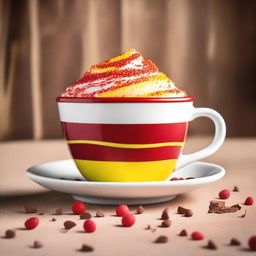 This is a high-quality image of a cup with red and yellow horizontal stripes, filled to the brim with creamy white milk