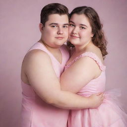 A 17-year-old chubby girl with beautiful eyes, dressed in a pink dress, warmly hugging a handsome 22-year-old boy.