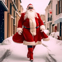 A fabulously plump Santa Claus strutting down a snowy street in high-heeled red boots, sporting long, luscious hair and a beard, complemented with a splash of radiant lipstick