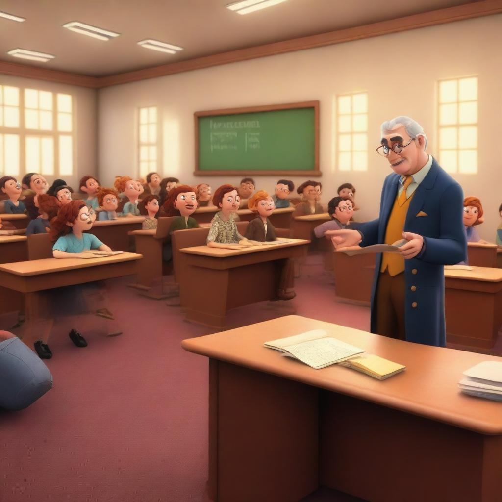 This is a high-quality 5D image rendered in the Disney style, showcasing a tense university classroom scene