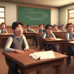 This is a high-quality 5D image rendered in the Disney style, showcasing a tense university classroom scene