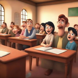 This is a high-quality 5D image rendered in the Disney style, showcasing a tense university classroom scene