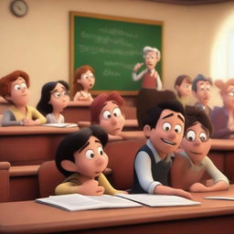 This is a high-quality 5D image rendered in the Disney style, showcasing a tense university classroom scene