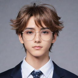 A stylish anime boy with shiny glasses enhancing his intellectual charm; his hair styled fashionably, and his eyes sparkling with confidence and charisma.