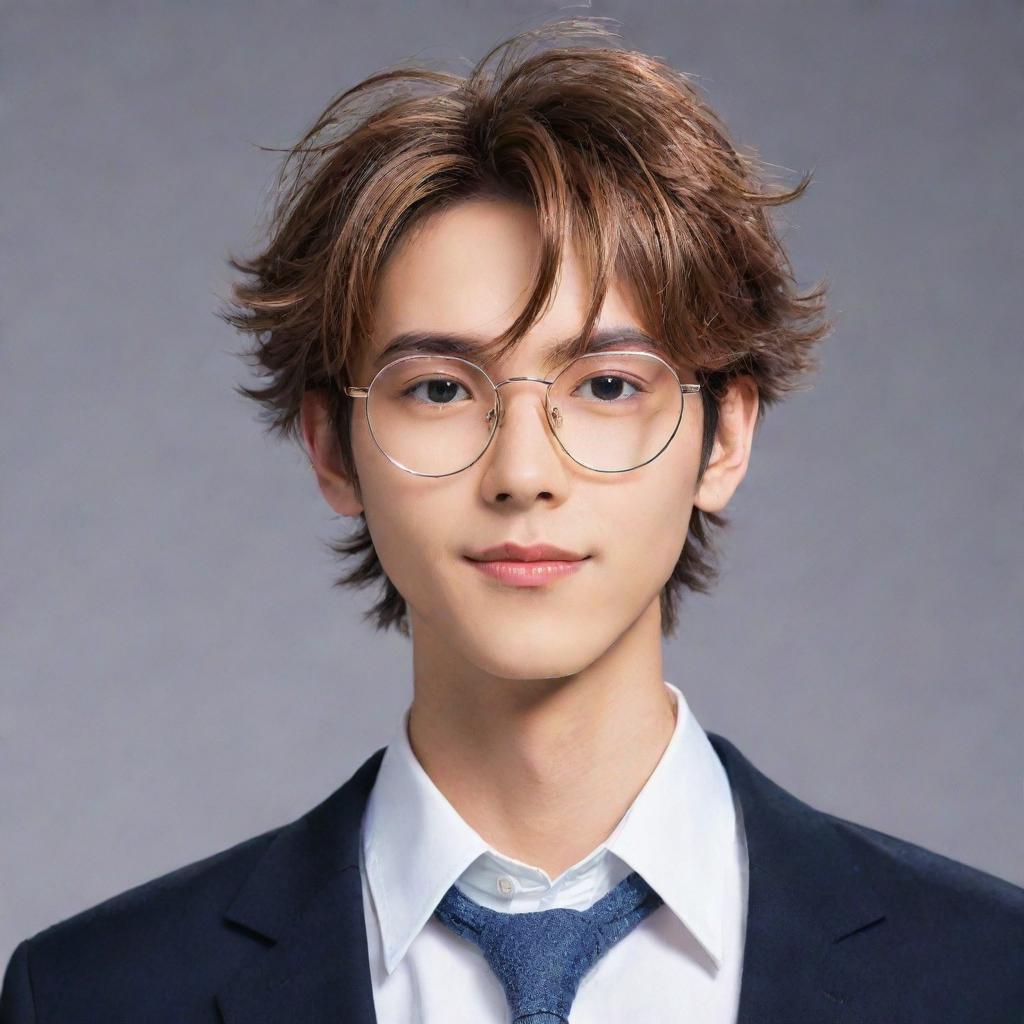 A stylish anime boy with shiny glasses enhancing his intellectual charm; his hair styled fashionably, and his eyes sparkling with confidence and charisma.