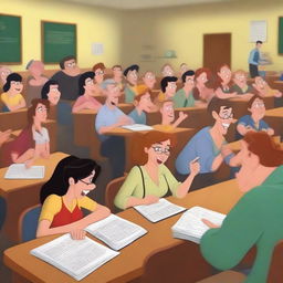 A high-quality 5D image in the Disney style, illustrating a chaotic university classroom scene