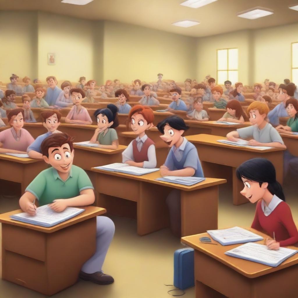 A high-quality 5D image in the Disney style, illustrating a chaotic university classroom scene