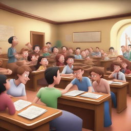 A high-quality 5D image in the Disney style, illustrating a chaotic university classroom scene