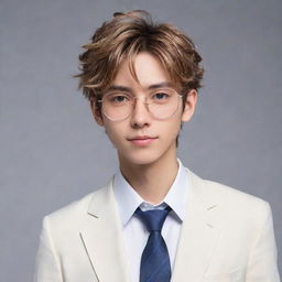 A stylish anime boy with shiny glasses enhancing his intellectual charm; his hair styled fashionably, and his eyes sparkling with confidence and charisma.