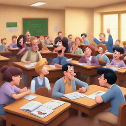 A high-quality 5D image in the Disney style, illustrating a chaotic university classroom scene